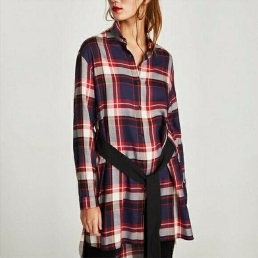 Zara Womens Red Blue Trafaluc Plaid Button Down Belted Tunic Shirt Dress Small